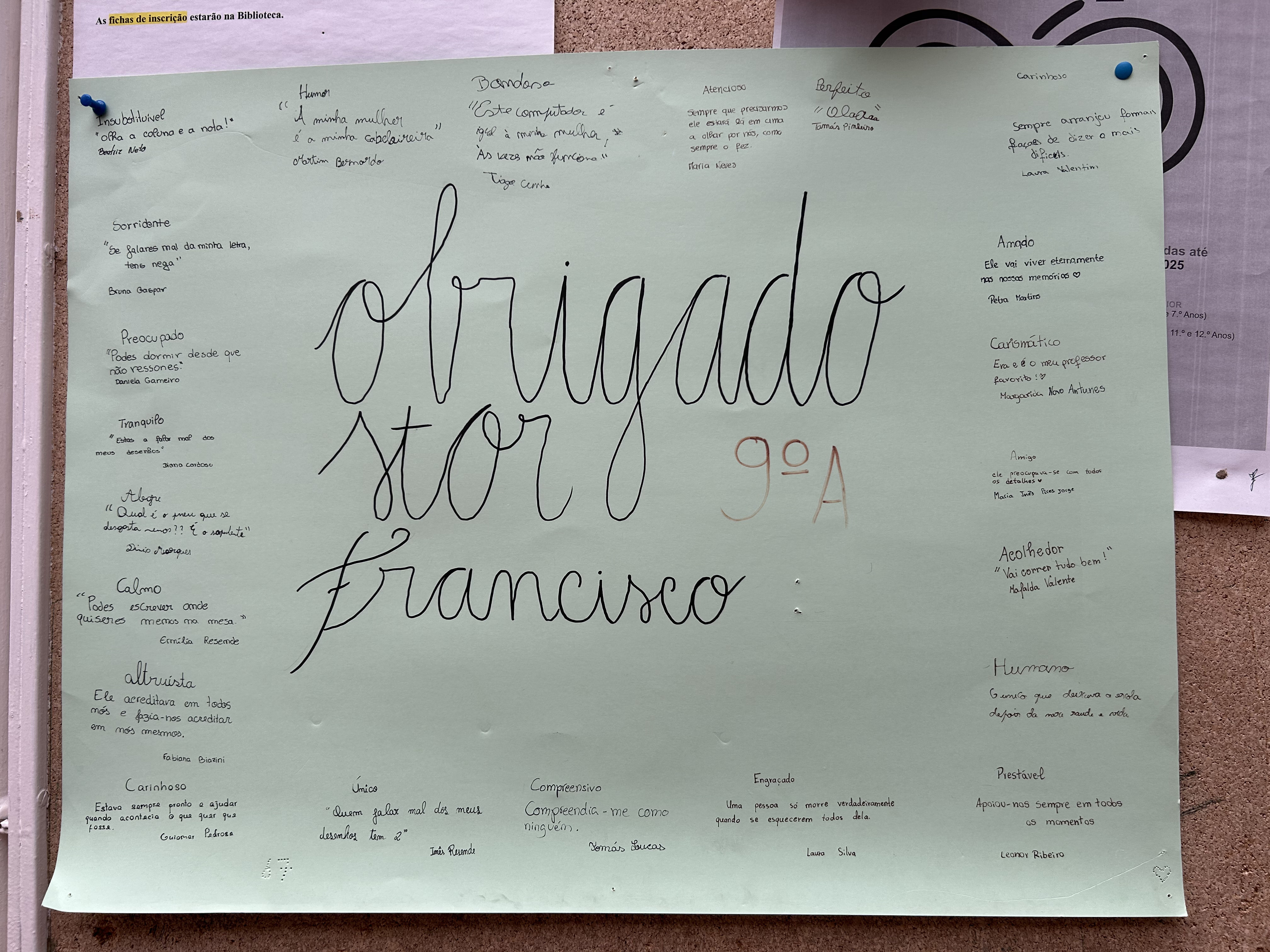 "Obrigado Stor Francisco" — cartaz do 9.ºA no AE da Batalha